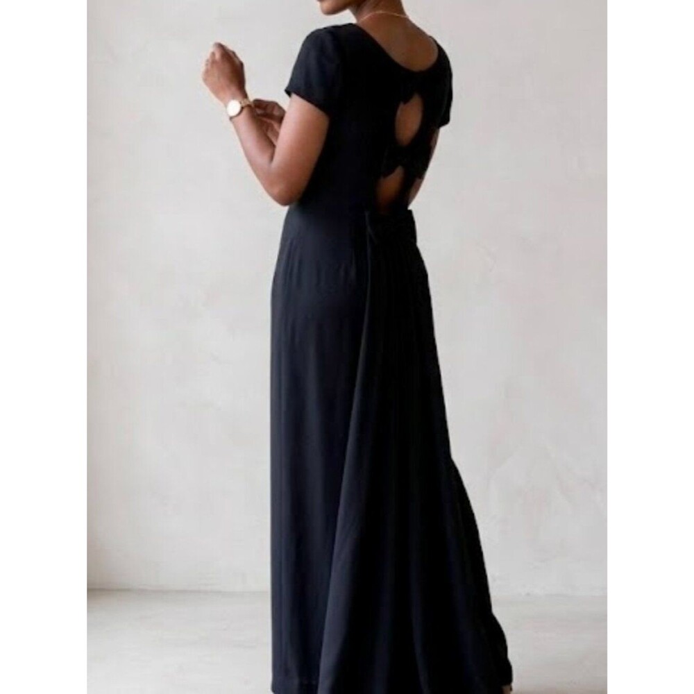 NWT Vintage 90s Jeffrey Dara Bow Cutout Back Gown Womens 2P Black Maxi Dress